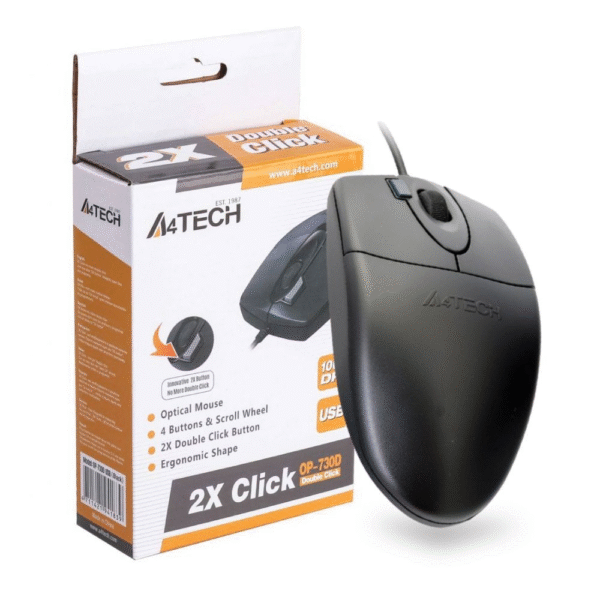 A4.tech OP-620D Wired Optical Mouse - 2x Click Button - 1000 DPI - For PC/Laptop - Black
